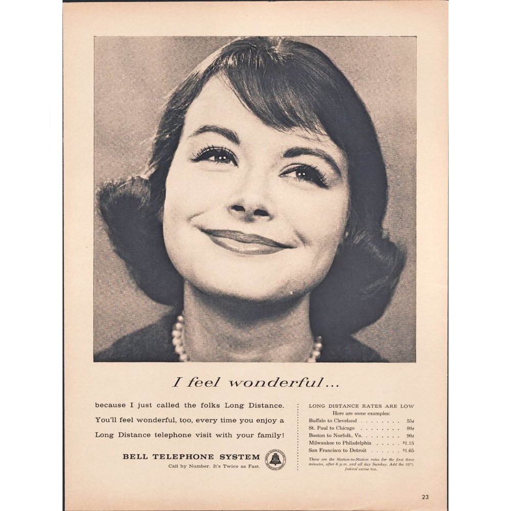 1959 Bell Telephone Long Distance Vintage Print Ad Woman Photo Pearls Wall Art